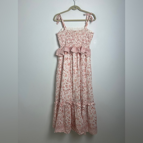 Bila 77 Via Marisol Peach Floral Print 100% Cotton Ruffle Detail Midi Dress Sz L - Picture 9 of 14
